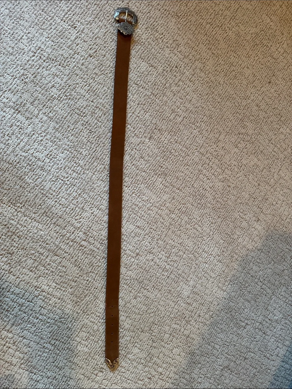 Brown Leather Western-Style Belt with Decorative Buckle (M)